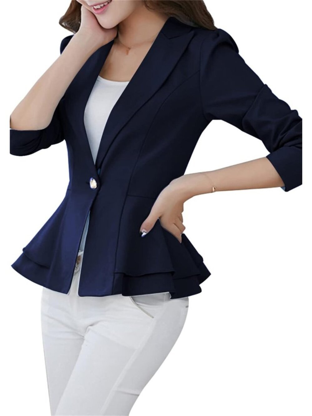 Women's Blue Slim Button Down Blazer Solid Color Office Cardigan Long Sleeve - Picture 3 of 6